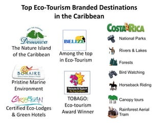 Top Eco-Tourism Branded Destinations
                in the Caribbean

                                        National Parks

  The Nature Island                     Rivers & Lakes
  of the Caribbean     Among the top
                       in Eco-Tourism   Forests

                                        Bird Watching

  Pristine Marine                       Horseback Riding
   Environment
                          TOBAGO:       Canopy tours
                         Eco-tourism
Certified Eco-Lodges                    Rainforest Aerial
                        Award Winner
  & Green Hotels                        Tram
 