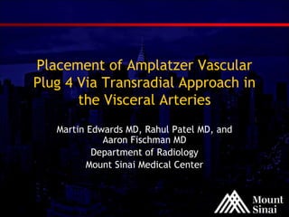 Placement of Amplatzer Vascular 
Plug 4 Via Transradial Approach in 
the Visceral Arteries 
Martin Edwards MD, Rahul Patel MD, and 
Aaron Fischman MD 
Department of Radiology 
Mount Sinai Medical Center 
 