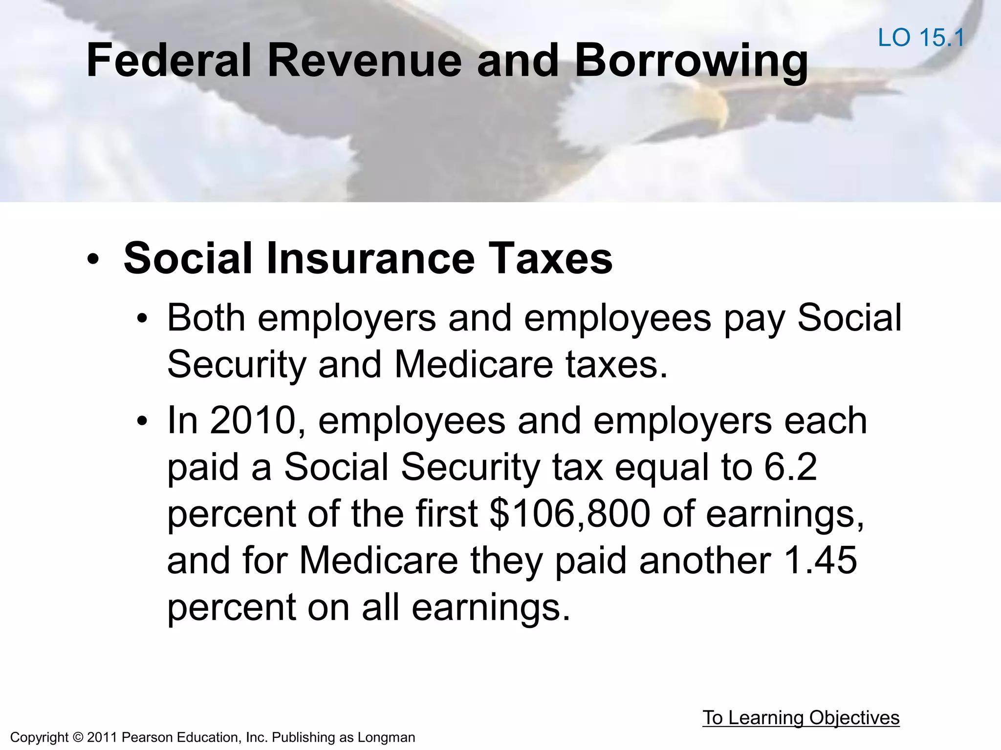 Copyright © 2011 Pearson Education, Inc. Publishing as Longman
Federal Revenue and Borrowing
• Social Insurance Taxes
• Both employers and employees pay Social
Security and Medicare taxes.
• In 2010, employees and employers each
paid a Social Security tax equal to 6.2
percent of the first $106,800 of earnings,
and for Medicare they paid another 1.45
percent on all earnings.
To Learning Objectives
LO 15.1
 