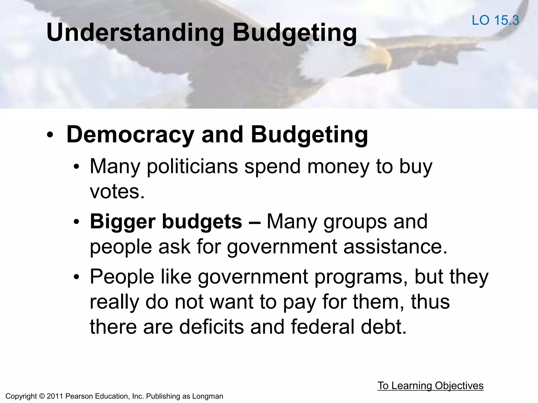 Copyright © 2011 Pearson Education, Inc. Publishing as Longman
Understanding Budgeting
• Democracy and Budgeting
• Many politicians spend money to buy
votes.
• Bigger budgets – Many groups and
people ask for government assistance.
• People like government programs, but they
really do not want to pay for them, thus
there are deficits and federal debt.
To Learning Objectives
LO 15.3
 
