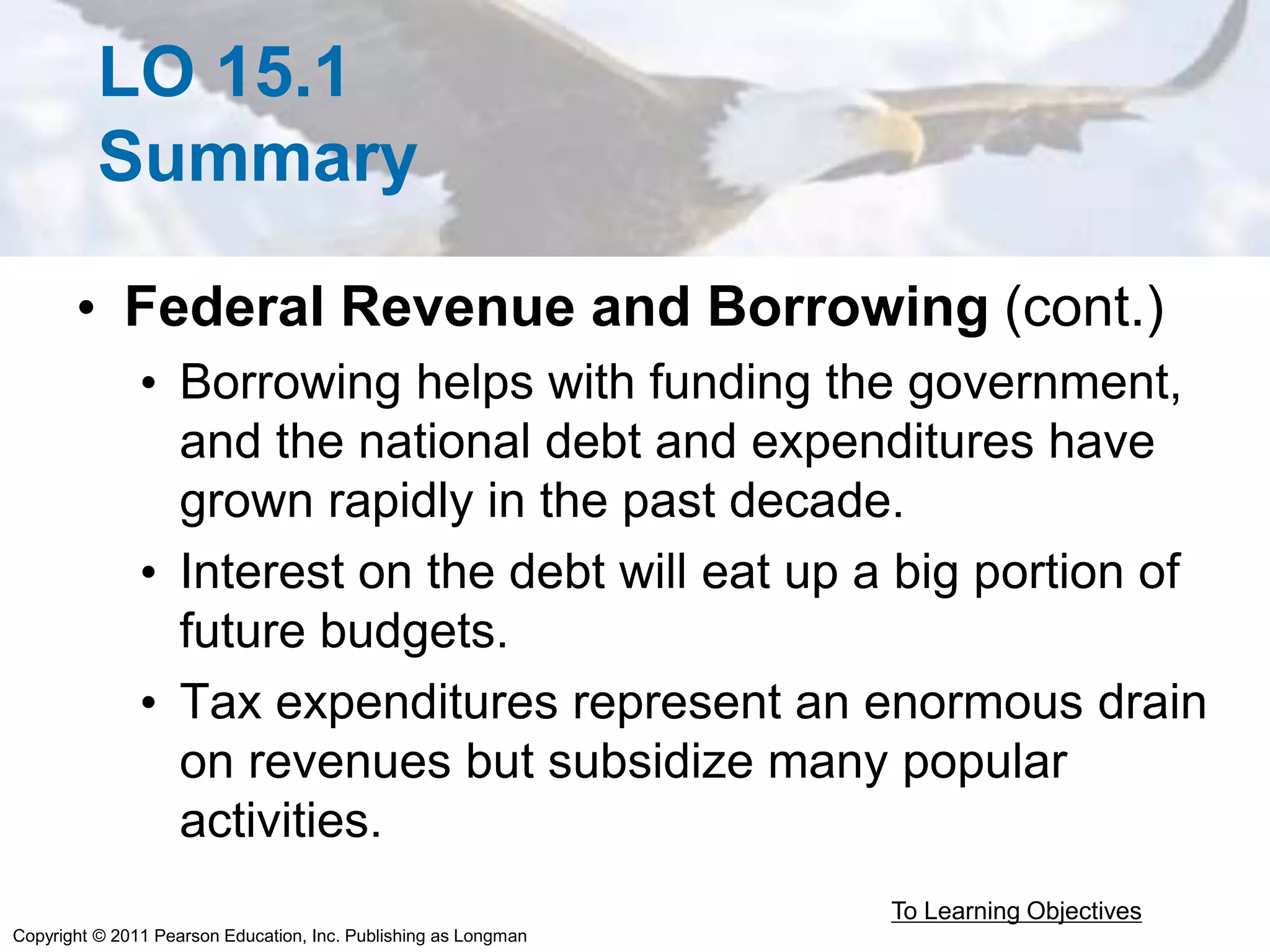 Copyright © 2011 Pearson Education, Inc. Publishing as Longman
LO 15.1
Summary
• Federal Revenue and Borrowing (cont.)
• Borrowing helps with funding the government,
and the national debt and expenditures have
grown rapidly in the past decade.
• Interest on the debt will eat up a big portion of
future budgets.
• Tax expenditures represent an enormous drain
on revenues but subsidize many popular
activities.
To Learning Objectives
 