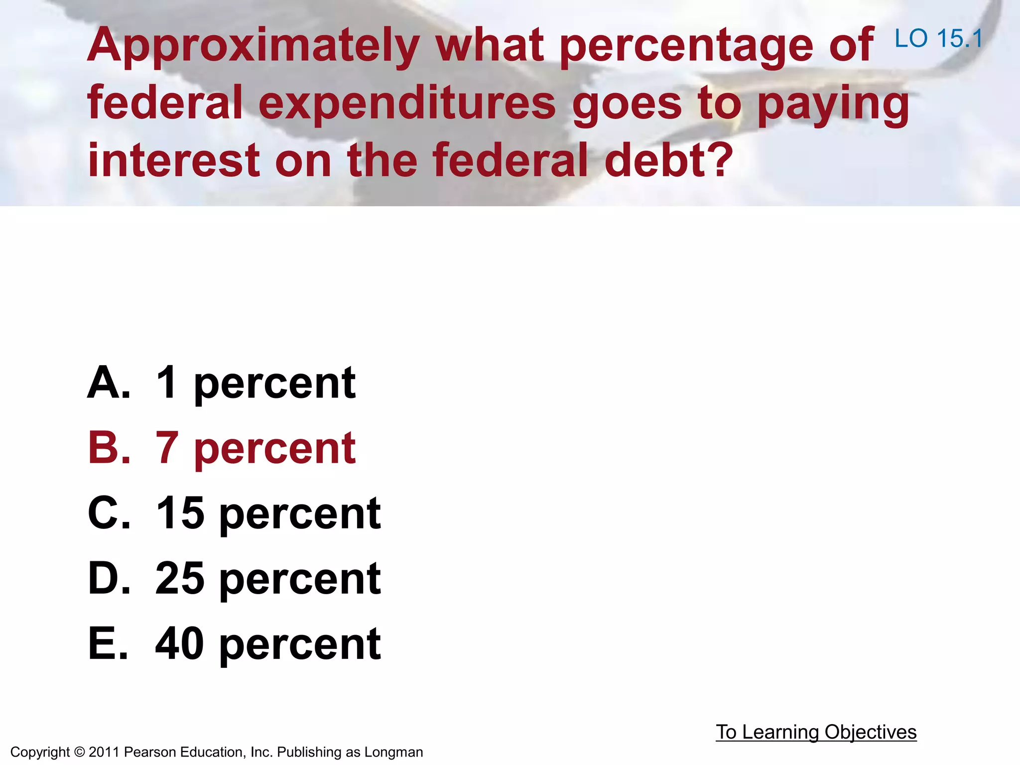 Copyright © 2011 Pearson Education, Inc. Publishing as Longman
Approximately what percentage of
federal expenditures goes to paying
interest on the federal debt?
A. 1 percent
B. 7 percent
C. 15 percent
D. 25 percent
E. 40 percent
To Learning Objectives
LO 15.1
 