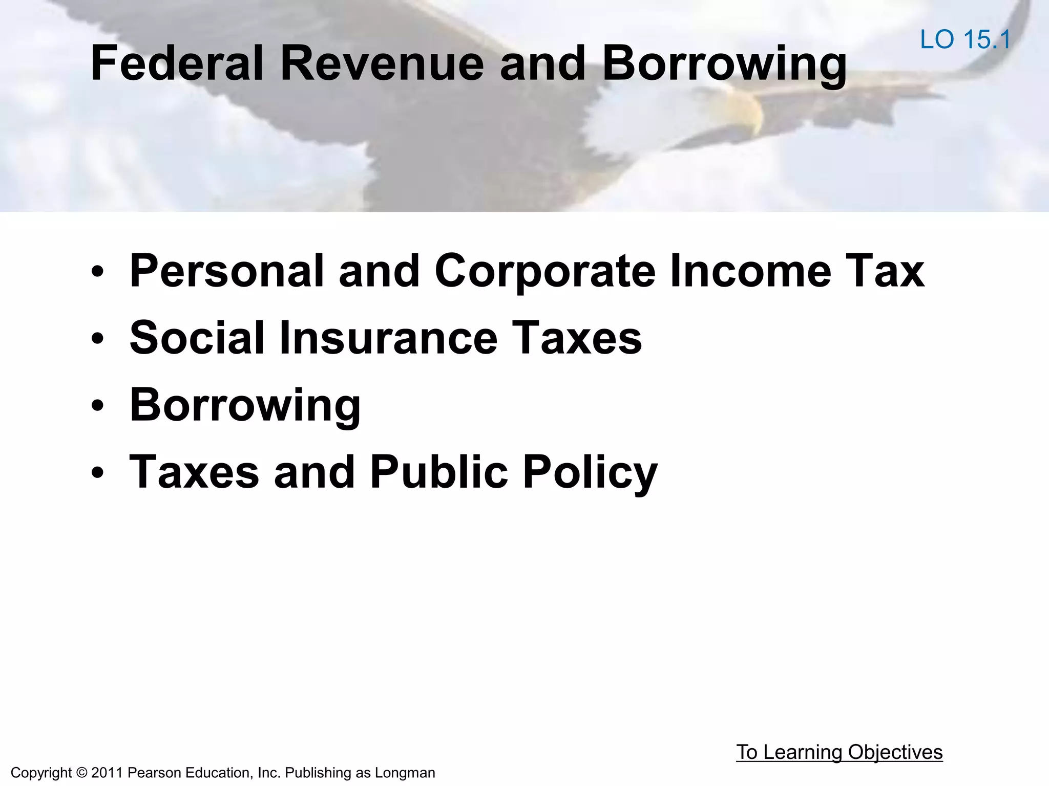 Copyright © 2011 Pearson Education, Inc. Publishing as Longman
Federal Revenue and Borrowing
• Personal and Corporate Income Tax
• Social Insurance Taxes
• Borrowing
• Taxes and Public Policy
To Learning Objectives
LO 15.1
 