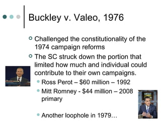 Buckley v. Valeo, 1976
 Challenged the constitutionality of the
1974 campaign reforms
 The SC struck down the portion that
limited how much and individual could
contribute to their own campaigns.
Ross Perot – $60 million – 1992
Mitt Romney - $44 million – 2008
primary
Another loophole in 1979…
 