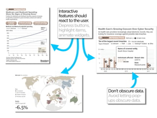 Interactive
features should
react to the user.
Depress buttons,
highlight items,
animate widgets.




                     Don’t obscure data.
                     Avoid letting pop-
                     ups obscure data.
 