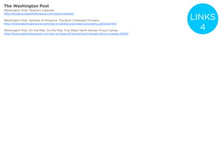 The Washington Post
Washington Post. Obama’s Calendar.
http://projects.washingtonpost.com/potus-tracker/

Washington Post. Spheres of Inﬂuence: The Bush Campaign Pioneers.
                                                                                     LINKS
http://www.washingtonpost.com/wp-srv/politics/pioneers/pioneers_spheres.html

Washington Post. On the Map: On the Map: Five Major North Korean Prison Camps
                                                                                       4
http://www.washingtonpost.com/wp-srv/special/world/north-korean-prison-camps-2009/
 