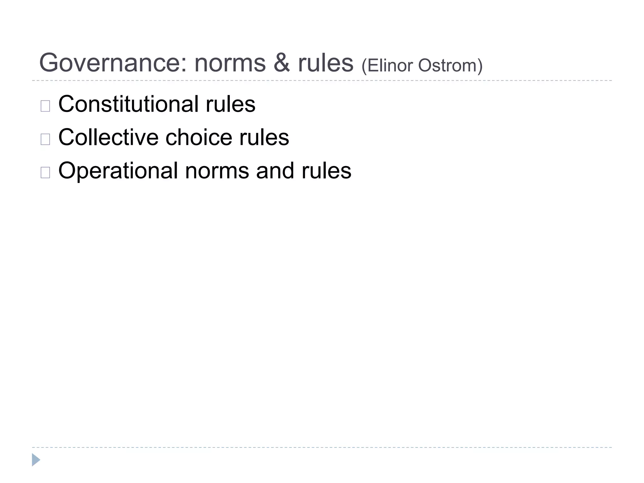 Governance: norms & rules (Elinor Ostrom)
Constitutional rules
Collective choice rules
Operational norms and rules
 