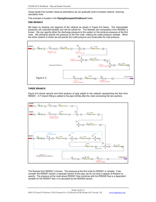 CHEMCAD 6 Workbook - Pipe and Header Networks
PAGE 26 OF 73
MNL 076 Issued 19 February 2010, Prepared by J.E.Edwards of P&I Design Ltd, Teesside, UK www.chemcad.co.uk
Using results from smaller cases as estimations we can gradually build a complex network, reducing
calculation time.
This example is located in the PipingExample4OneBranch folder.
ONE BRANCH
We begin by drawing one segment of the network as shown in Figure 6-2 below. The intermediate
pressures are unknown/variable and will be solved for. The flowrate and composition from RD0002 is
known. We can specify either the discharge pressure to the system or the entrance pressure at the first
node. We arbitrarily specify the pressure at the first node, making the outlet pressure variable. When
the entire network is drawn we will specify the outlet pressure and recalculate the inlet pressure.
THREE BRANCH
Figure 6-3 shows second and third sections of pipe added to the network representing the flow from
RD0001. A T branch fitting is added to the pipe UnitOp after the node connecting the two sections.
The flowrate from RD0001 is known. The pressure at the first node for RD0001 is variable. If we
consider the RD0001 section a separate section of the pipe, we do not have a degree of freedom to
specify. The pressure at the node where RD0001 flow combines with the RD0002 flow is a dependent
variable for the RD0001 flow; it is calculated by the RD0002 section.
Figure 6 -2
 