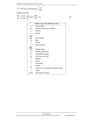 CHEMCAD 6 Workbook - Pipe and Header Networks
PAGE 30 OF 73
MNL 076 Issued 19 February 2010, Prepared by J.E.Edwards of P&I Design Ltd, Teesside, UK www.chemcad.co.uk
if φ
sin
dL
Z = and multiplying by ⎟
⎠
⎞
⎜
⎝
⎛
dL
ρ
Equation 5 becomes:
0
sin =
+
+
+
dL
dP
g
g
dL
dv
g
v
dL
dP f
c
c
ρ
φ
ρ
ρ
…(6)
ENERGY EQUATION NOMENCLATURE
i
U Internal energy
i
i V
P Energy of expansion or contraction
P
Pressure
V
Volume
2gc
Mv2
i
Kinetic energy
M
Mass
v
Velocity
gc
Gravity constant
gc
Z
Mg i
Potential energy
Z
Elevation above datum
q Heat additions (losses)
s
W Work done on the fluid
h
Enthalpy
ρ
Density
T
Temperature
S
Entropy
Pf Losses due to irreversible processes like friction.
L Length
sin Φ Some angle of elevation
 