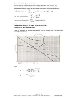 CHEMCAD 6 Workbook - Pipe and Header Networks
PAGE 37 OF 73
MNL 076 Issued 19 February 2010, Prepared by J.E.Edwards of P&I Design Ltd, Teesside, UK www.chemcad.co.uk
MODIFICATION OF THE PRESSURE GRADIENT EQUATION FOR TWO PHASE FLOW
Assume that the gas-liquid mixture can be considered homogeneous over a finite volume of pipe,
The Elevation Component = θ
ρ sin
s
c
I g
g
dL
dP
=
⎟
⎠
⎞
⎜
⎝
⎛
where l
l
g
g
s H
H ρ
ρ
ρ +
=
The Friction Loss Component =
D
g
v
f
dL
dP
c
M
f
tp
f 2
2
ρ
=
⎟
⎠
⎞
⎜
⎝
⎛
The Acceleration Component = ignored.
frequently
dL
dP
acc
=
⎟
⎠
⎞
⎜
⎝
⎛
THE BAKER METHOD FOR TWO PHASE FLOW CALCULATIONS
Establishing the Two-Phase Flow Pattern
CHEMCAD establishes the two-phase flow pattern by using the following Baker Chart, this chart is
accurate for horizontal flow:
Source: Deutsch, David J. and Chemical Engineering
where
Bx =
( )
⎟
⎟
⎠
⎞
⎜
⎜
⎝
⎛
⎟
⎟
⎠
⎞
⎜
⎜
⎝
⎛
⎟
⎟
⎠
⎞
⎜
⎜
⎝
⎛
st
μ
ρ
ρ
ρ
W
W
531
3
1
3
2
l
l
0.5
v
l
v
l
By =
( )
( )
5
.
0
16
.
2
v
l
v
A
W
ρ
ρ
 