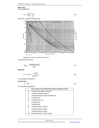 CHEMCAD 6 Workbook - Pipe and Header Networks
PAGE 39 OF 73
MNL 076 Issued 19 February 2010, Prepared by J.E.Edwards of P&I Design Ltd, Teesside, UK www.chemcad.co.uk
Wave Flow
First calculated Hx:
⎟
⎟
⎠
⎞
⎜
⎜
⎝
⎛
⎟
⎟
⎠
⎞
⎜
⎜
⎝
⎛
=
v
l
v
l
x
W
W
H
μ
μ
… (6)
then find fH, using the following chart:
Source: Deutsch, David J. and Chemical Engineering
the pressure drop is then,
( )
v
5
2
v
H
100
D
W
f
000336
.
0
P
ρ
=
Δ … (7)
Plug Flow
( ) 17
.
0
l
855
.
0
A
W
X
315
.
27 ∗
=
Φ … (8)
X is calculated in Equation 2.
Annular Flow
b
aX
=
Φ ... (9)
X is calculated in Equation 2.
TWO PHASE FLOW PRESSURE DROP NOMENCLATURE
A Internal cross section of pipe, ft2
D Internal diameter of pipe, ft.
L Equivalent length of pipe and fittings, ft.
W Flowrate, lb/h
ΔP Pressure loss, psi
μ Viscosity, cp
ρ Density, lb/ft3
ST Surface tension, dyne/cm
l Subscript refers to liquid
v Subscript refers to vapor
100 Subscript refers to 100 ft. of pipe
 