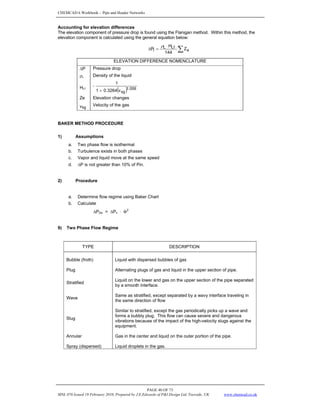 CHEMCAD 6 Workbook - Pipe and Header Networks
PAGE 40 OF 73
MNL 076 Issued 19 February 2010, Prepared by J.E.Edwards of P&I Design Ltd, Teesside, UK www.chemcad.co.uk
Accounting for elevation differences
The elevation component of pressure drop is found using the Flanigan method. Within this method, the
elevation component is calculated using the general equation below:
∑
⋅
=
Δ e
Lf
L
l Z
144
H
P
ρ
ELEVATION DIFFERENCE NOMENCLATURE
ΔP Pressure drop
ρL Density of the liquid
HLf
( ) 006
.
1
sg
v
3264
.
0
1
1
+
=
Ze Elevation changes
vsg
Velocity of the gas
BAKER METHOD PROCEDURE
1) Assumptions
a. Two phase flow is isothermal
b. Turbulence exists in both phases
c. Vapor and liquid move at the same speed
d. ΔP is not greater than 10% of Pin.
2) Procedure
a. Determine flow regime using Baker Chart
b. Calculate
ΔP2Φ = ΔPv ⋅ Φ
2
9) Two Phase Flow Regime
TYPE DESCRIPTION
Bubble (froth) Liquid with dispersed bubbles of gas
Plug Alternating plugs of gas and liquid in the upper section of pipe.
Stratified
Liquid on the lower and gas on the upper section of the pipe separated
by a smooth interface.
Wave
Same as stratified, except separated by a wavy interface traveling in
the same direction of flow
Slug
Similar to stratified, except the gas periodically picks up a wave and
forms a bubbly plug. This flow can cause severe and dangerous
vibrations because of the impact of the high-velocity slugs against the
equipment.
Annular Gas in the center and liquid on the outer portion of the pipe.
Spray (dispersed) Liquid droplets in the gas.
 
