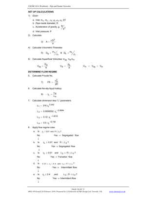 CHEMCAD 6 Workbook - Pipe and Header Networks
PAGE 50 OF 73
MNL 076 Issued 19 February 2010, Prepared by J.E.Edwards of P&I Design Ltd, Teesside, UK www.chemcad.co.uk
SET UP CALCULATIONS
1) Given
a. Inlet ST
,
,
,
,
,
m
,
m L
v
L
v
L
v μ
μ
ρ
ρ
b. Pipe inside diameter, D
c. Acceleration of gravity, g, 2
s
ft
d. Inlet pressure, P
2) Calculate
3)
4
D
A
2
π
=
4) Calculate Volumetric Flowrates
5)
L
L
L
v
v
g
m
Q
&
m
Q
ρ
ρ
=
=
6) Calculate Superficial Velocities m
sl
sg V
,
V
,
V
sl
sg
m
L
sl
g
sg V
V
V
A
Q
V
A
Q
V +
=
=
=
DETERMINE FLOW REGIME
5. Calculate Froude No.
7)
gD
v
R
F
2
m
=
6. Calculate No-slip liquid holdup
8)
m
sl
L
v
v
=
= λ
7. Calculate dimension less “L” parameters
302
.
0
L
1 316
L λ
=
4684
.
2
L
2 0009252
.
0
L −
= λ
4516
.
1
L
3 10
.
0
L −
= λ
738
.
6
L
4 5
.
0
L −
= λ
8. Apply flow regime rules
a. Is ?
L
r
F
and
01
.
0 1
L 〈
〈
λ
↓
→ flow
Segregated
Yes
No
b. Is ?
L
r
F
and
01
.
0 2
L 〈
≥
λ
↓
→ flow
Segregated
Yes
No
c. Is 3
2
L L
r
F
L
and
01
.
0 ≤
≤
≥
λ ?
↓
→ flow
Transition
Yes
No
d. Is 1
3
L L
r
F
L
and
4
.
0
01
.
0 ≤
〈
〈
≤ λ ?
↓
→ flow
nt
Intermitte
Yes
No
e. Is 4
3
L L
r
F
L
and
4
.
0 ≤
〈
≥
λ ?
↓
→ flow
nt
Intermitte
Yes
No
 