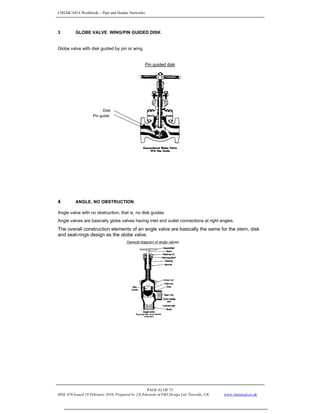 CHEMCAD 6 Workbook - Pipe and Header Networks
PAGE 62 OF 73
MNL 076 Issued 19 February 2010, Prepared by J.E.Edwards of P&I Design Ltd, Teesside, UK www.chemcad.co.uk
3 GLOBE VALVE WING/PIN GUIDED DISK
Globe valve with disk guided by pin or wing.
Pin guided disk
4 ANGLE, NO OBSTRUCTION
Angle valve with no obstruction; that is, no disk guides.
Angle valves are basically globe valves having inlet and outlet connections at right angles.
The overall construction elements of an angle valve are basically the same for the stern, disk
and seat-rings design as the globe valve.
Disk
Pin guide
General diagram of angle valves
 
