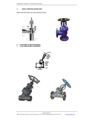 CHEMCAD 6 Workbook - Pipe and Header Networks
PAGE 63 OF 73
MNL 076 Issued 19 February 2010, Prepared by J.E.Edwards of P&I Design Ltd, Teesside, UK www.chemcad.co.uk
5 ANGLE, WING/PIN GUIDED DISK
Angle valve with wing or pin disk guides(not shown)
6 Y-PATTERN GLOBE 60 DEGREES
7 Y-PATTERN GLOBE 45 DEGREES
 