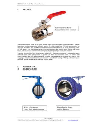 CHEMCAD 6 Workbook - Pipe and Header Networks
PAGE 64 OF 73
MNL 076 Issued 19 February 2010, Prepared by J.E.Edwards of P&I Design Ltd, Teesside, UK www.chemcad.co.uk
8 BALL VALVE
General Diagram
The conventional ball valve, as the name implies, has a spherical plug that controls fluid flow. The two
basic types are the rotary motion ball valve and the lift or ball-in-cage type. The ball valve provides not
only tight shutoff but also good flow characteristics approaching those of an equal percentage valve.
For this reason, it is often applied as a combination throttling and shutoff valve. Due to low friction
forces, ball valves have been known to open gradually after prolonged exposure to vibration.
The most common body form is the two-way globe body. The spherical plug has a passage that aligns
with body parts in the open position. A quarter turn of the plug closes the valve. To achieve tight
shutoff, resilient seat rings are embedded in the body. Ball valves can be provided with three or four-
way plugs. In some installations this can represent a considerable savings in fittings, valves and space
since one unit can replace two or three flow through valves.
9 BUTTERFLY, 2-8 IN
10 BUTTERFLY, 10-14 IN
11 BUTTERFLY, 14-24 IN
Full bore valve shown
Reduced bore more common
Wafer valve shown
Direct lever operator shown
Flanged valve shown
Geared operator
 
