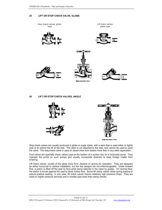 CHEMCAD 6 Workbook - Pipe and Header Networks
PAGE 67 OF 73
MNL 076 Issued 19 February 2010, Prepared by J.E.Edwards of P&I Design Ltd, Teesside, UK www.chemcad.co.uk
25 LIFT OR STOP CHECK VALVE, GLOBE
26 LIFT OR STOP CHECK VALVES, ANGLE
Stop-check valves are usually produced in globe or angle styles, with a stem that is used either to tightly
seat or to restrict the lift of the disk. The stem is not attached to the disk, and cannot be used to open
the valve. The stop-check valve is used on steam lines from boilers more than in any other application.
Foot valves are specialty check valves used at the bottom of a suction line on a horizontal pump. They
maintain the prime on such pumps and usually incorporate strainers to keep foreign matter from
entering.
Lift check valves, usually of the globe body form, depend on gravity for operation. They are designed
for either horizontal or vertical installation, but the two designs are not interchangeable. Under forward
flow, a piston is lifted off the seat by fluid while being retained in the valve by guides. On reverse flow,
the piston is forced against the seat to block further flow. Some lift check valves utilize spring loading to
assure positive seating. In any case, lift check valves require relatively high pressure drops. They are
used on higher pressure services and in smaller pipe sizes than swing checks.
Stop check valves, globe
type
Lift check valves,
globe type
 