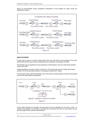CHEMCAD 6 Workbook - Pipe and Header Networks
PAGE 7 OF 73
MNL 076 Issued 19 February 2010, Prepared by J.E.Edwards of P&I Design Ltd, Teesside, UK www.chemcad.co.uk
Figure 2-2 demonstrates various acceptable combinations of flow settings for nodes. shows the
flowsheet for this job.
NODE AS DIVIDER
A node may be used as a divider. Outlet streams from the node will be at the pressure of the node.
Outlet streams will all have the same temperature and composition but flowrates may differ.
The flowrates may be specified as set by pipe/valve or fixed flowrates. Only one outlet stream flowrate
may be free outlet.
A Node specified as a divider is shown in Figure 2-3. The second node acts as a divider (two product
streams). For N inlet and outlet streams it is necessary to specify (N-1) values.
For the second node, specify the flowrate of two of the three connected streams. Allow the third stream
to be free for mass balance requirements.
If both outlet flowrates are specified, the inlet stream must be calculated as free inlet at node 1 to
maintain mass balance. If one outlet is calculated as free outlet by the node, the inlet stream may be
flow set by pipe if both nodes are fixed pressure.
 
