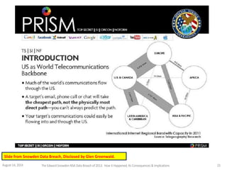 Slide from Snowden Data Breach, Disclosed by Glen Greenwald.
August 14, 2014 The EdwardSnowden NSA DataBreach of 2013: How it Happened;Its Consequences & Implications 23
 