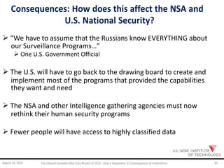 Consequences: How does this affect the NSA and
U.S. National Security?
 “We have to assume that the Russians know EVERYTHING about
our Surveillance Programs…”
 One U.S. Government Official
 The U.S. will have to go back to the drawing board to create and
implement most of the programs that provided the capabilities
they want and need
 The NSA and other Intelligence gathering agencies must now
rethink their human security programs
 Fewer people will have access to highly classified data
August 14, 2014 The EdwardSnowden NSA DataBreach of 2013: How it Happened;Its Consequences & Implications 30
 