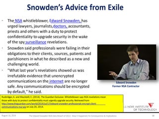 Snowden’s Advice from Exile
· The NSA whistleblower, Edward Snowden, has
urged lawyers, journalists,doctors, accountants,
priests and others with a duty to protect
confidentiality to upgrade security in the wake
of the spy surveillance revelations.
· Snowden said professionals were failing in their
obligations to their clients, sources, patients and
parishioners in what he described as a new and
challenging world.
· "What last year's revelations showed us was
irrefutable evidence that unencrypted
communications on the internet are no longer
safe. Any communications should be encrypted
Edward Snowden
Former NSA Contractor
by default," he said.
Rusbridger, A. and MacAskill, E. (2014). The Guardian Exclusive: Whistleblowersays NSA revelations mean
those with duty to protect confidentiality must urgently upgradesecurity. Retrieved from
http://www.theguardian.com/world/2014/jul/17/edward-snowden-professionals-encrypt-client-
communications-nsa-spyon July 20, 2014.
August 14, 2014 TheEdwardSnowdenNSA DataBreach of2013: How it Happened;Its Consequences &Implications 39
 