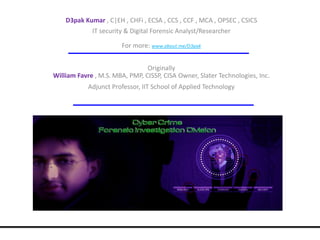 D3pak Kumar , C|EH , CHFi , ECSA , CCS , CCF , MCA , OPSEC , CSICS
IT security & Digital Forensic Analyst/Researcher
For more: www.about.me/D3pak
Originally
William Favre , M.S. MBA, PMP, CISSP, CISA Owner, Slater Technologies, Inc.
Adjunct Professor, IIT School of Applied Technology
 