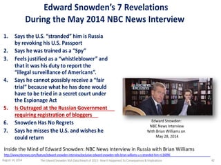 Edward Snowden’s 7 Revelations
During the May 2014 NBC News Interview
1. Says the U.S. “stranded” him is Russia
by revoking his U.S. Passport
2. Says he was trained as a “Spy”
3. Feels justified as a “whistleblower” and
that it was his duty to report the
“illegal surveillance of Americans”.
4. Says he cannot possibly receive a “fair
trial” because what he has done would
have to be tried in a secret court under
the Espionage Act
5. Is Outraged at the Russian Government
requiring registration of bloggers
6. Snowden Has No Regrets
7. Says he misses the U.S. and wishes he
could return
Edward Snowden:
NBC News Interview
With Brian Williams on
May 28, 2014
Inside the Mind of Edward Snowden: NBC News Interview in Russia with Brian Williams
http://www.nbcnews.com/feature/edward-snowden-interview/exclusive-edward-snowden-tells-brian-williams-u-s-stranded-him-n116096
August 14, 2014 TheEdwardSnowdenNSA DataBreach of2013: How it Happened;Its Consequences &Implications 42
 