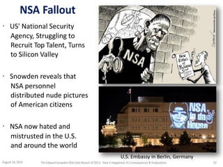 NSA Fallout
· US' National Security
Agency, Struggling to
Recruit Top Talent, Turns
to Silicon Valley
· Snowden reveals that
NSA personnel
distributed nude pictures
of American citizens
· NSA now hated and
mistrusted in the U.S.
and around the world
U.S. Embassy in Berlin, Germany
August 14, 2014 The EdwardSnowden NSA DataBreach of 2013: How it Happened;Its Consequences & Implications 52
 