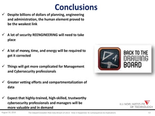Conclusions
 Despite billions of dollars of planning, engineering
and administration, the human element proved to
be the weakest link
 A lot of security REENGINEERING will need to take
place
 A lot of money, time, and energy will be required to
get it corrected
 Things will get more complicated for Management
and Cybersecurity professionals
 Greater vetting efforts and compartmentalization of
data
 Expect that highly-trained, high-skilled, trustworthy
cybersecurity professionals and managers will be
more valuable and in demand
August 14, 2014 The EdwardSnowden NSA DataBreach of 2013: How it Happened;Its Consequences & Implications 53
 