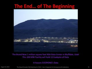 The End… of The Beginning
The Brand New 1 million square foot NSA Data Center in Bluffdale, Utah
This 100 MW Facility will hold 12 Exabytes of Data
It houses EVERYONE’s Data
August 14, 2014 The EdwardSnowden NSA DataBreach of 2013: How it Happened;Its Consequences & Implications 55
 