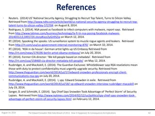 References
· Reuters. (2014) US' National Security Agency, Struggling to Recruit Top Talent, Turns to Silicon Valley.
Retrieved from http://www.ndtv.com/article/world/us-national-security-agency-struggling-to-recruit-top-
talent-turns-to-silicon-valley-572704 on August 8, 2014.
· Rodriguez, S. (2014). NSA posed as Facebook to infect computers with malware, report says. Retrieved
from http://www.latimes.com/business/technology/la-fi-tn-nsa-posing-facebook-malware-
20140312,0,3491724.story#ixzz2yGiHhZJa on March 12, 2014.
· RT. (2014). Spooking the spooks: US surveillance system to muzzle rogue agents and leakers. Retrieved
from http://rt.com/usa/us-government-internal-monitoring-870/ on March 10, 2014.
· RT. (2014). ‘NSA in da house’: German artist lights up US Embassy Retrieved from
http://rt.com/news/174196-berlin-artist-obama-embassy/ on July 20, 2014.
· RT. (2014). Former CIA director: ‘We kill people based on metadata’. Retrieved from
http://rt.com/usa/158460-cia-director-metadata-kill-people/ on May 12, 2014.
· Rusbridger, A. and MacAskill, E. (2014). The Guardian Exclusive: Whistleblower says NSA revelations mean
those with duty to protect confidentiality must urgently upgrade security. Retrieved from
http://www.theguardian.com/world/2014/jul/17/edward-snowden-professionals-encrypt-client-
communications-nsa-spy on July 20, 2014.
· Rusbridger, A. and MacAskill, E. (2014). I, spy: Edward Snowden in exile. Retrieved from
http://www.theguardian.com/world/2014/jul/18/-sp-edward-snowden-interview-rusbridger-macaskill on
July 19, 2014.
· Sanger, D. and Schmidtt, E. (2014). Spy Chief Says Snowden Took Advantage of ‘Perfect Storm’ of Security
Lapses. Retrieved from http://www.nytimes.com/2014/02/12/us/politics/spy-chief-says-snowden-took-
advantage-of-perfect-storm-of-security-lapses.html on February 12, 2014.
August 14, 2014 The EdwardSnowden NSA DataBreach of 2013: How it Happened;Its Consequences & Implications 62
 