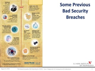 Some Previous
Bad Security
Breaches
August 14, 2014 The EdwardSnowden NSA DataBreach of 2013: How it Happened;Its Consequences & Implications 9
 