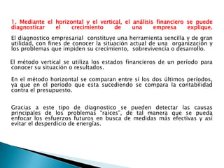 1. Mediante el horizontal y el vertical, el análisis financiero se puede diagnosticar el crecimiento de una empresa explique.El diagnostico empresarial  constituye una herramienta sencilla y de gran utilidad, con fines de conocer la situación actual de una  organización y los problemas que impiden su crecimiento,  sobrevivencia o desarrollo.   El método vertical se utiliza los estados financieros de un período para conocer su situación o resultados.En el método horizontal se comparan entre sí los dos últimos períodos, ya que en el período que esta sucediendo se compara la contabilidad  contra el presupuesto. Gracias a este tipo de diagnostico se pueden detectar las causas principales de los problemas “raíces”, de tal manera que se pueda  enfocar los esfuerzos futuros en busca de medidas más efectivas y así evitar el desperdicio de energías.