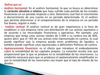     Defina que es:Análisis horizontal: En el análisis horizontal, lo que se busca es determinar la variación absoluta o relativa que haya sufrido cada partida de los estados financieros en un periodo respecto a otro. Determina cual fuel el crecimiento o decrecimiento de una cuenta en un periodo determinado. Es el análisis que permite determinar si el comportamiento de la empresa en un periodo fue bueno, regular o malo.Análisis vertical: El análisis vertical es de gran importancia a la hora de establecer si una empresa tiene una distribución de sus activos equitativa y de acuerdo a las necesidades financieras y operativas. Por ejemplo, una empresa que tenga unos activos totales de 5.000 y su cartera sea de 800, quiere decir que el 16% de sus activos está representado en cartera, lo cual puede significar que la empresa pueda tener problemas de liquidez, o también puede significar unas equivocadas o deficientes Políticas de cartera.Apalancamiento financiero: es el efecto que introduce el endeudamiento sobre la rentabilidad de los capitales propios. La variación resulta más que proporcional que la que se produce en la rentabilidad de las inversiones. La condición necesaria para que se produzca el apalancamiento amplificador es que la rentabilidad de las inversiones sea mayor que el tipo de interés de las deudas.