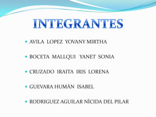INTEGRANTESAVILA  LOPEZ  YOVANY MIRTHABOCETA  MALLQUI   YANET  SONIA CRUZADO  IRAITA  IRIS  LORENA GUEVARA HUMÀN  ISABELRODRIGUEZ AGUILAR NÌCIDA DEL PILAR 