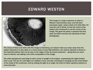 EDWARD WESTON
This image of a large mushroom is taken in
Weston’s documentary style, and has been
processed, again, using a black and white filter. He
uses the rule of thirds, so that the centre of the
subject (the mushroom) is not the centre of the
image. This gives the photo a dynamic feel that
does not follow common the standards of food
photography.
The choice of black and white with this image is interesting, as it doesn’t take any colour away from the
subject. Because it is also taken at a macro state at such high definition, the viewers attention is drawn to
the imperfect pattern that can be seen in the ridges of this up turned mushroom – giving them so much
more to admire, and adding o the entire composition of the image.
The white background used helps to add a sense of weight to the subject, emphasising the slight shadow
that is cast. The use of a soft light is an addition to this, and also contributes to bringing out the small details
of the inside of the mushroom. And by casting the light at an angle, the effect of these repetitive patterns is
more dramatic.
 