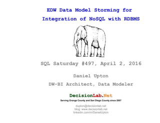 EDW Data Model Storming for
Integration of NoSQL with RDBMS
SQL Saturday #497, April 2, 2016
Daniel Upton
DW-BI Architect, Data Modeler
DecisionLab.Net
Serving Orange County and San Diego County since 2007
dupton@decisionlab.net
blog: www.decisionlab.net
linkedin.com/in/DanielUpton
 