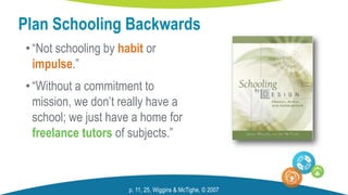 •“Not schooling by habit or
impulse.”
•“Without a commitment to
mission, we don’t really have a
school; we just have a home for
freelance tutors of subjects.”
Plan Schooling Backwards
p. 11, 25, Wiggins & McTighe, © 2007
 