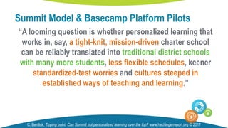 “A looming question is whether personalized learning that
works in, say, a tight-knit, mission-driven charter school
can be reliably translated into traditional district schools
with many more students, less flexible schedules, keener
standardized-test worries and cultures steeped in
established ways of teaching and learning.”
Summit Model & Basecamp Platform Pilots
C. Berdick, Tipping point: Can Summit put personalized learning over the top? www.hechingerreport.org © 2017
 