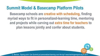 Basecamp schools are creative with scheduling, finding
myriad ways to fit in personalized-learning time, mentoring
and projects while carving out extra time for teachers to
plan lessons jointly and confer about students.
Summit Model & Basecamp Platform Pilots
C. Berdick, Tipping point: Can Summit put personalized learning over the top? www.hechingerreport.org © 2017
 