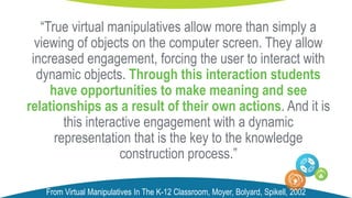 “True virtual manipulatives allow more than simply a
viewing of objects on the computer screen. They allow
increased engagement, forcing the user to interact with
dynamic objects. Through this interaction students
have opportunities to make meaning and see
relationships as a result of their own actions. And it is
this interactive engagement with a dynamic
representation that is the key to the knowledge
construction process.”
From Virtual Manipulatives In The K-12 Classroom, Moyer, Bolyard, Spikell, 2002
 