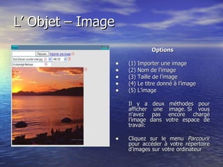 L’ Objet – Image Options (1) Importer une image (2) Nom de l’image  (3) Taille de l’image  (4) Le titre donné à l’image (5) L’image  Il y a deux méthodes pour afficher une image. Si vous n'avez pas encore chargé l’image dans votre espace de travail: Cliquez sur le menu  Parcourir  pour accéder à votre répertoire d’images sur votre ordinateur  suite…. 