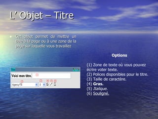 L’ Objet – Titre   Cet objet permet de mettre un titre à la page ou à une zone de la page sur laquelle vous travaillez Options   (1) Zone de texte où vous pouvez écrire voter texte. (2) Polices disponibles pour le titre.  (3) Taille de caractère.  (4)  Gras.   (5)  Italique. (6)  Souligné.   