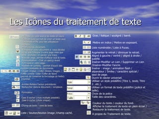    Affichage du code source du texte en cours  d’édition. Cela permet de créer un texte avec  des balises HTML pour les utilisateurs  avancés.  Propriétés du document.   Enregistrer votre document si  vous décidez de ne pas l’intégrer à votre page mais que  vous  souhaitez en garder une trace.   Nouvelle page, permet d’effacer tout le texte.   Prévisualisation : C’est un aperçu avant    d’enregistrer votre page.   Modèles de contenu : permet d’ouvrir des  modèles préétablis de documents.    Couper /Copier / Coller (textes, images…)  /Coller comme Texte /Coller de Word  (permet de conserver le formatage du texte). Imprimer.   Annuler/Refaire l’action précédente.   Rechercher dans le document / remplacer.      Formulaire.   Case à cocher (choix multiple possible). Case à cocher (choix unique).   Champ de texte / zone de texte.    Liste / bouton/bouton Image /champ caché.  Les Icônes du traitement de texte         Gras / italique / souligné / barré. Mettre en indice / Mettre en exposant.   Liste numérotée / Liste à Puces.  Augmenter le retrait / diminuer le retrait. Aligné à gauche / centré / aligné à droite / justifié.  Insérer-Modifier un Lien / Supprimer un Lien /Insérer-Modifier l’ancre. Insérer : image / animation flash /  séparateur / Smiley / caractère spécial /  saut de page.  Ouvrir le clavier universel.  Utiliser un style prédéfini (Titre 1,  texte , Titre  2…etc.).  Utiliser un format de texte prédéfini (police et  taille).  Choix de la police  Taille des caractères.  Couleur du texte / couleur du fond.  Afficher le traitement de texte en plein écran / Restaurer le traitement de texte.  A propos du Traitement de texte.   Liste numérotée / Liste a Puce .   : Augmenter le retrait / diminuer le retrait.   : A propos du Traitement de texte. 