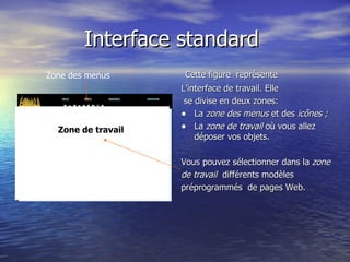 Interface standard  Cette figure  représente  L’interface de travail. Elle se divise en deux zones:  La  zone des   menus  et des  icônes ; La  zone   de travail  où vous allez déposer vos objets.  Vous pouvez sélectionner dans la  zone de travail  différents modèles  préprogrammés  de pages Web. Zone des menus  Zone de travail   