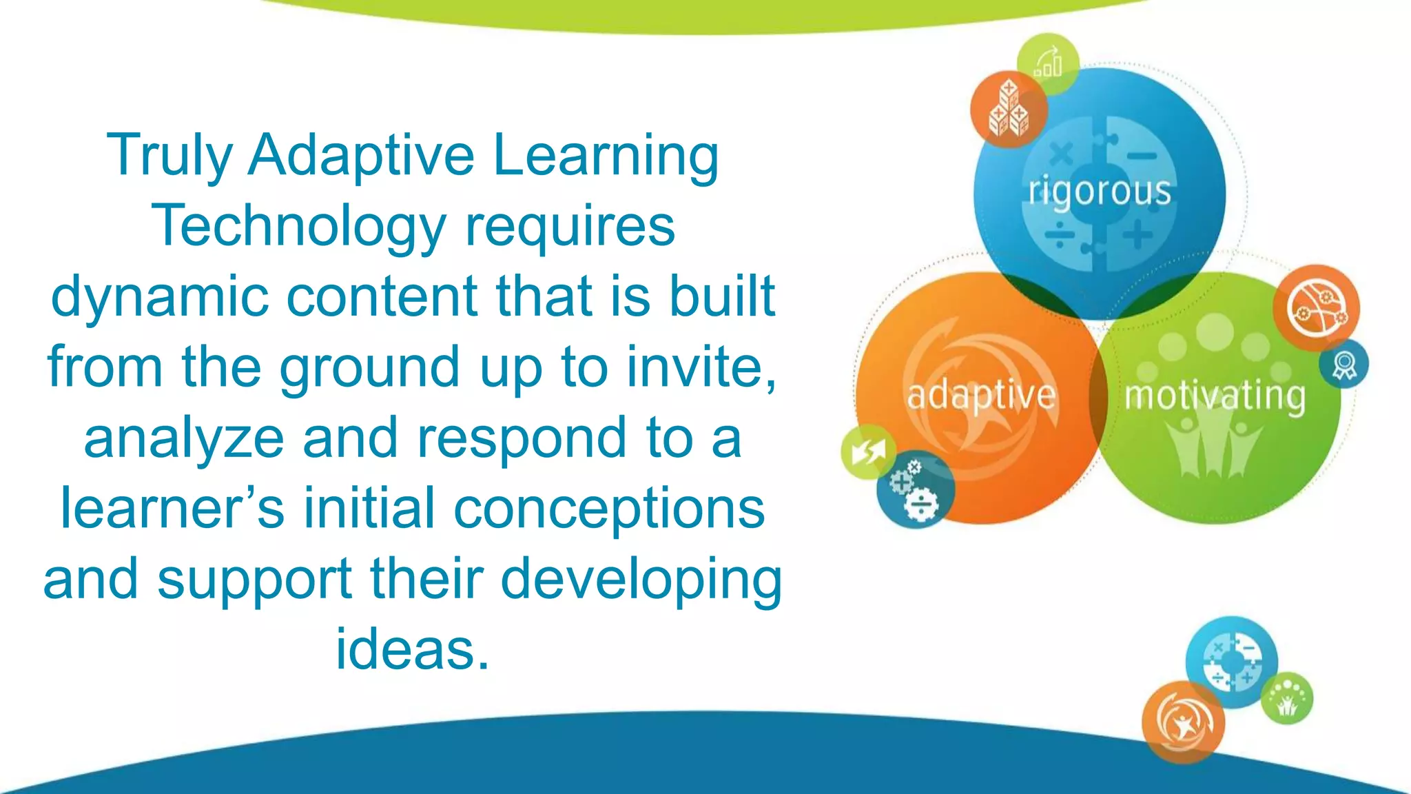 Truly Adaptive Learning
Technology requires
dynamic content that is built
from the ground up to invite,
analyze and respond to a
learner’s initial conceptions
and support their developing
ideas.
 