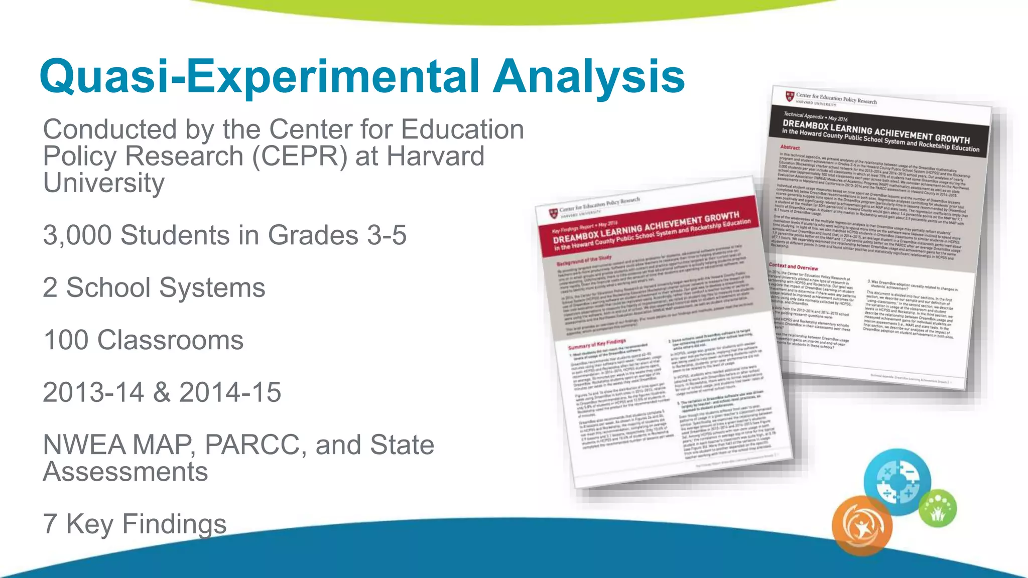 Conducted by the Center for Education
Policy Research (CEPR) at Harvard
University
3,000 Students in Grades 3-5
2 School Systems
100 Classrooms
2013-14 & 2014-15
NWEA MAP, PARCC, and State
Assessments
7 Key Findings
Quasi-Experimental Analysis
 