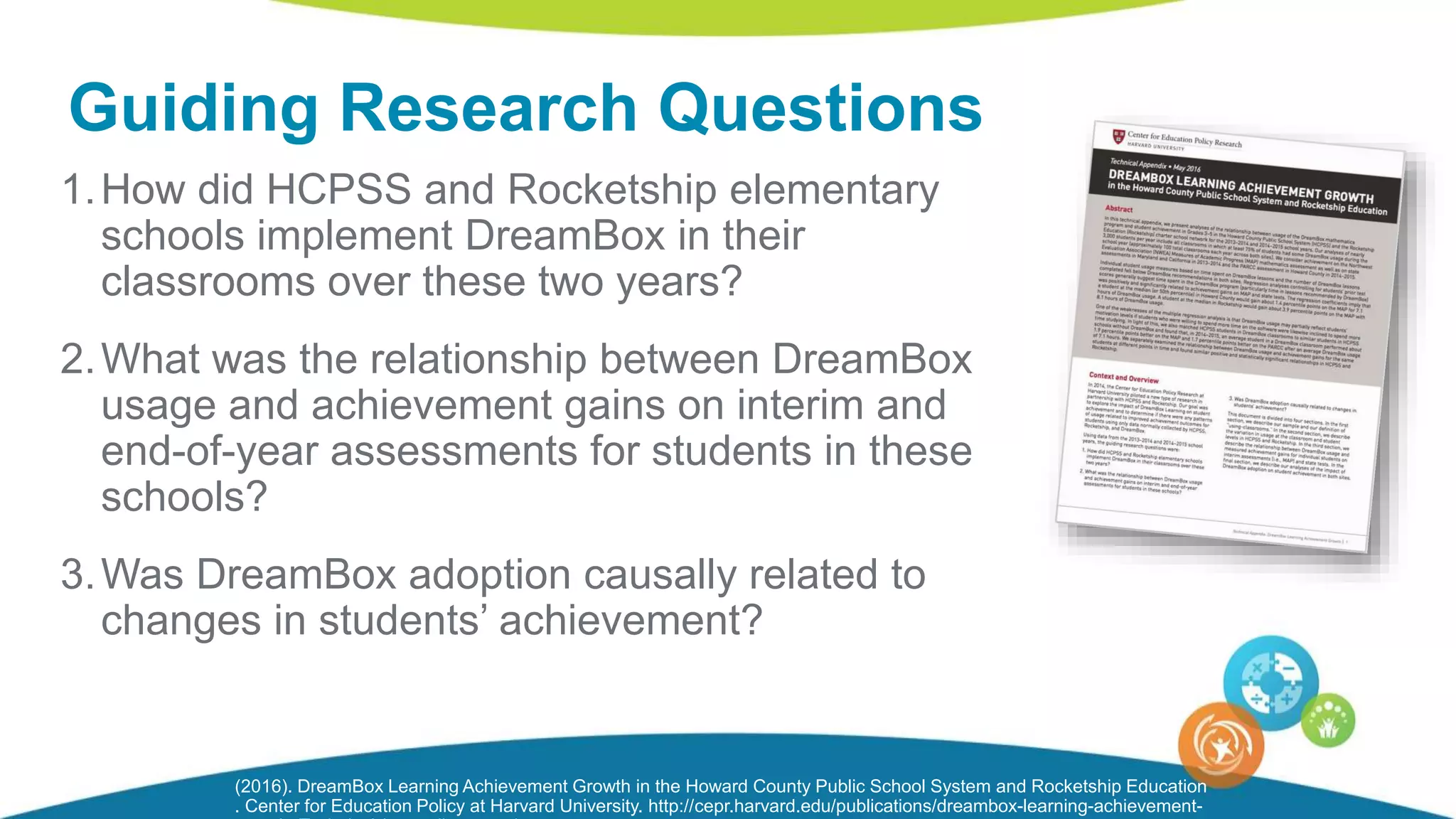 1.How did HCPSS and Rocketship elementary
schools implement DreamBox in their
classrooms over these two years?
2.What was the relationship between DreamBox
usage and achievement gains on interim and
end-of-year assessments for students in these
schools?
3.Was DreamBox adoption causally related to
changes in students’ achievement?
Guiding Research Questions
(2016). DreamBox Learning Achievement Growth in the Howard County Public School System and Rocketship Education
. Center for Education Policy at Harvard University. http://cepr.harvard.edu/publications/dreambox-learning-achievement-
 