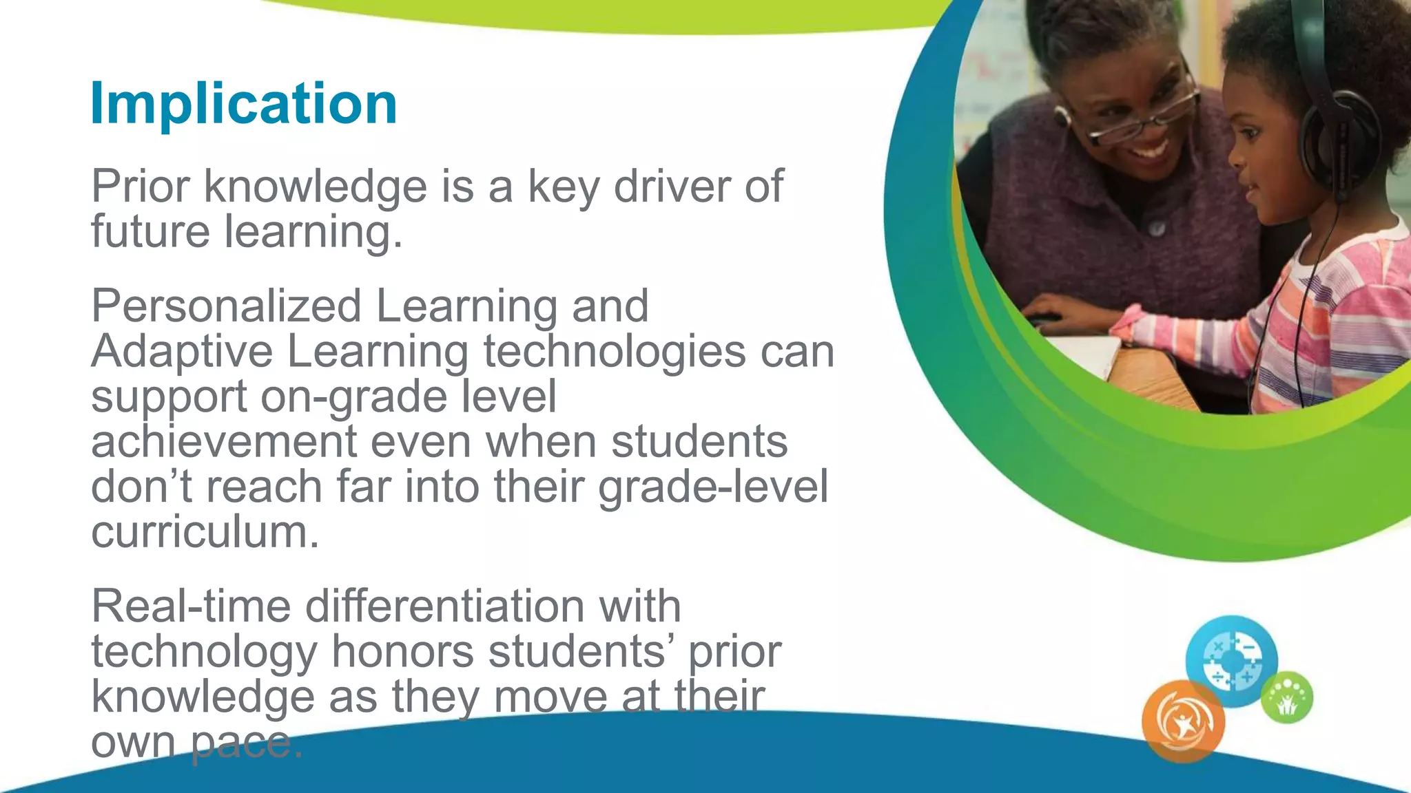 Implication
Prior knowledge is a key driver of
future learning.
Personalized Learning and
Adaptive Learning technologies can
support on-grade level
achievement even when students
don’t reach far into their grade-level
curriculum.
Real-time differentiation with
technology honors students’ prior
knowledge as they move at their
own pace.
 