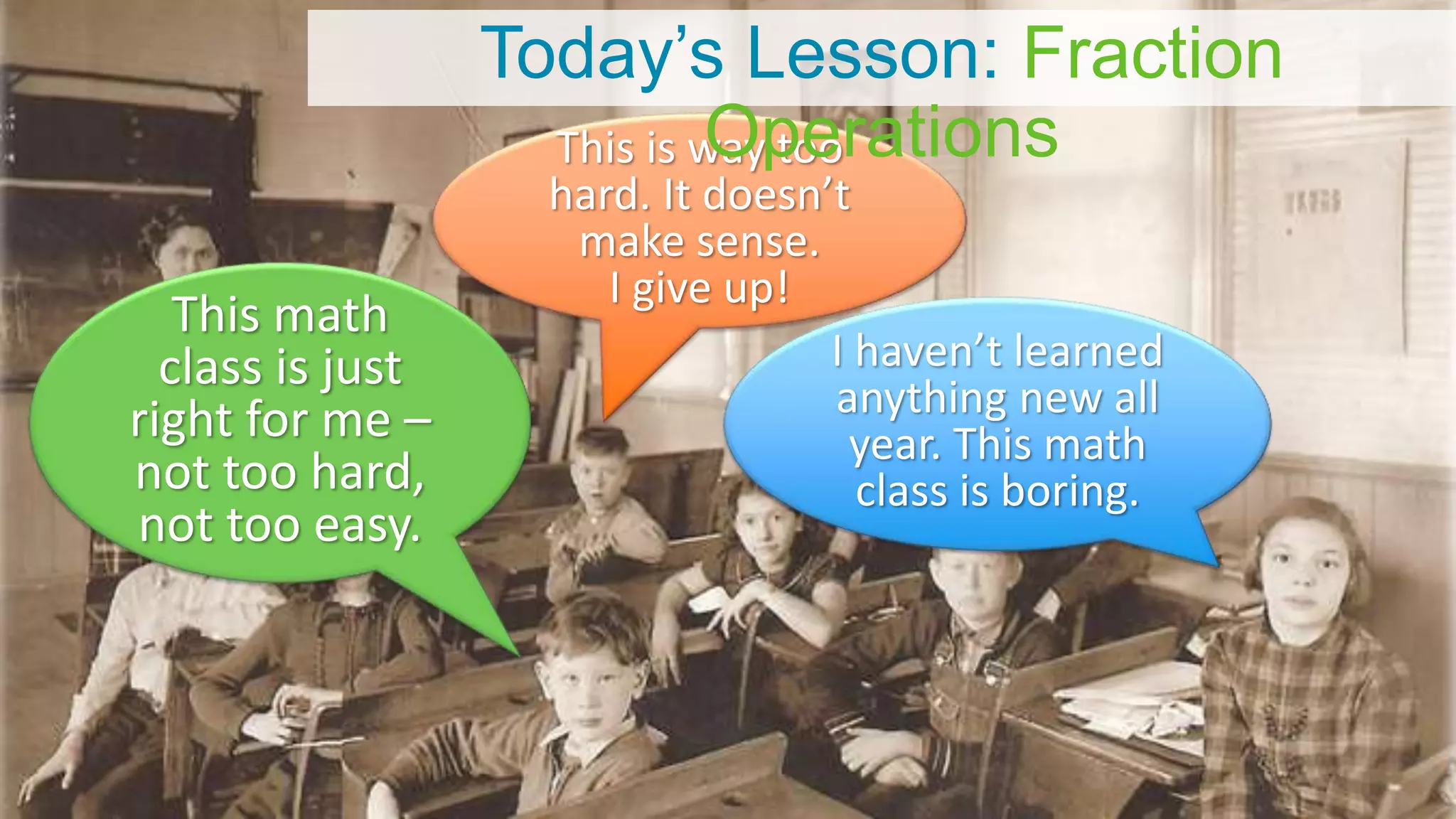 I haven’t learned
anything new all
year. This math
class is boring.
This is way too
hard. It doesn’t
make sense.
I give up!
This math
class is just
right for me –
not too hard,
not too easy.
Today’s Lesson: Fraction
Operations
 
